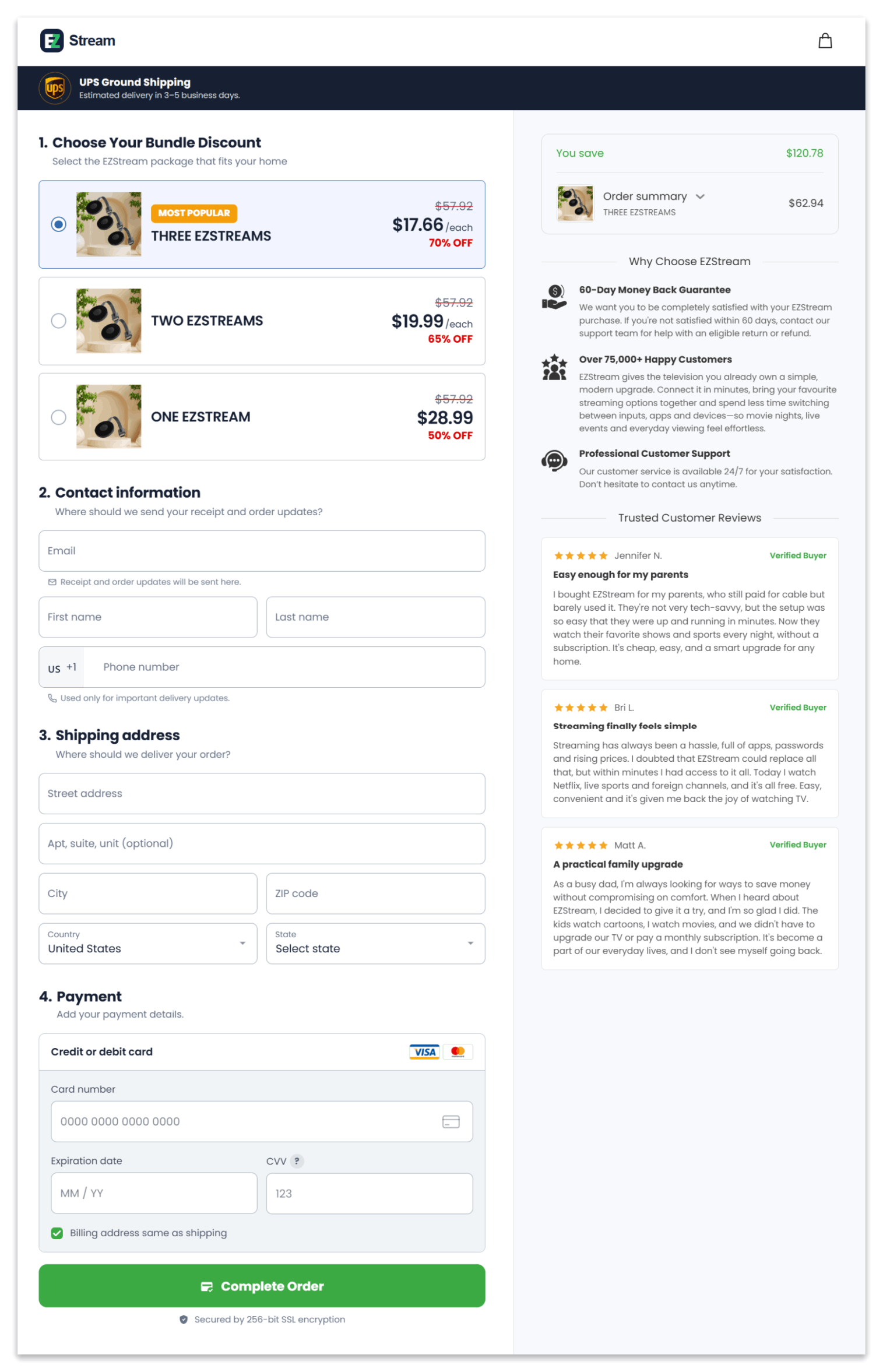 EZStream TV Box secure checkout page